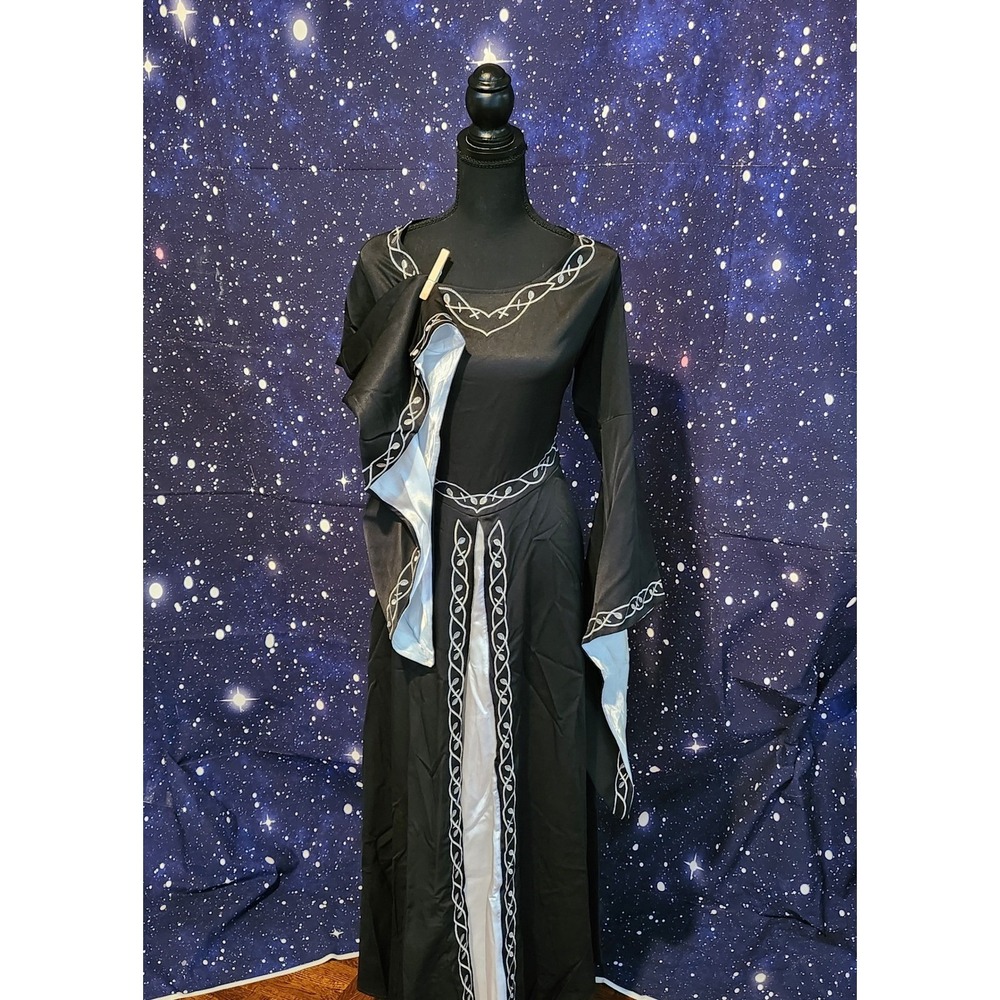 Medieval Renaissance Black Silver Embroidered Bell Sleeve Gown Costume 2XL - Picture 3 of 5